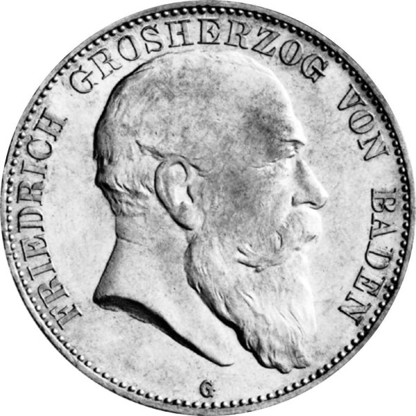 J.033 Baden 5 Mark 1902 - 1907 - Großherzog Friedrich I. - Silber s-ss