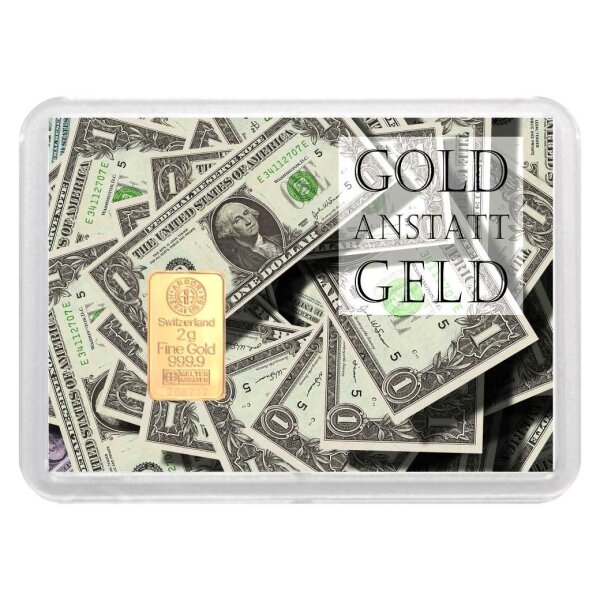 Geschenkbarren "Gold anstatt Geld - Dollar" 2 Gramm Gold
