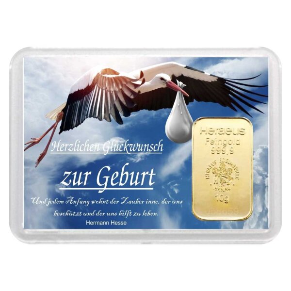 Geschenkbarren "Zur Geburt - Storch" 10 Gramm Gold