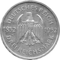J.350 Weimarer R. 3 Mark 1932 -A- "Zum 100. Todestag Goethes" - st