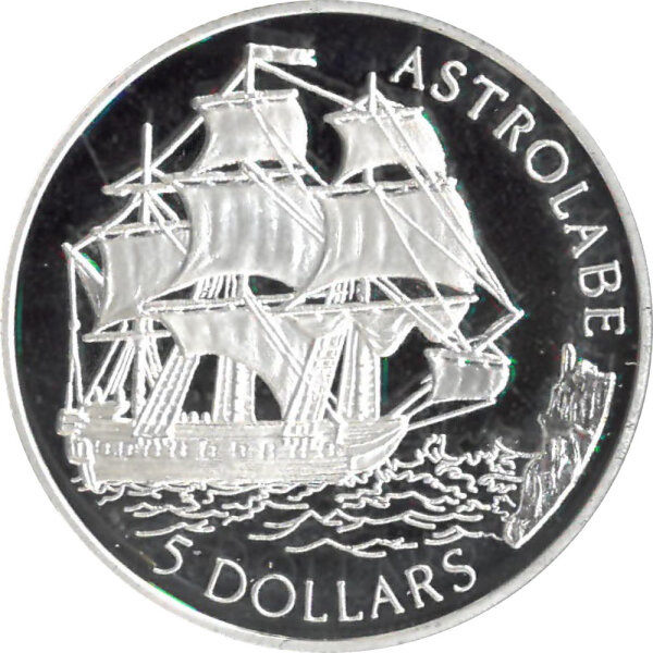 Cook Islands 5 Dollars 1992 - Expeditionsschiff Astrolabe- Silber PP