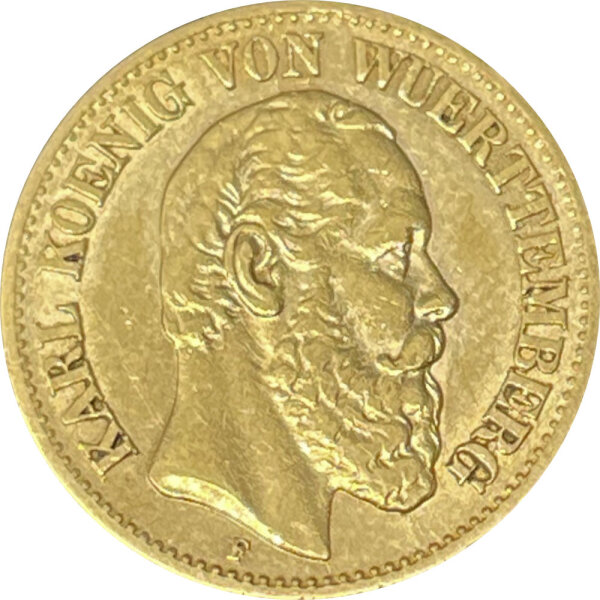 J.292 Württemberg 10 Mark 1874 - 1888 - König Karl - 900/1000 Gold - ss