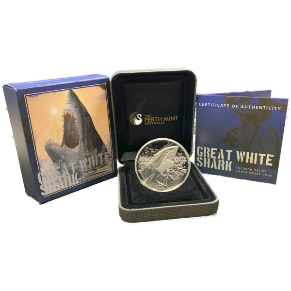 Australien Great White Shark 2015 1 oz Silber - Polierte Platte & High Relief
