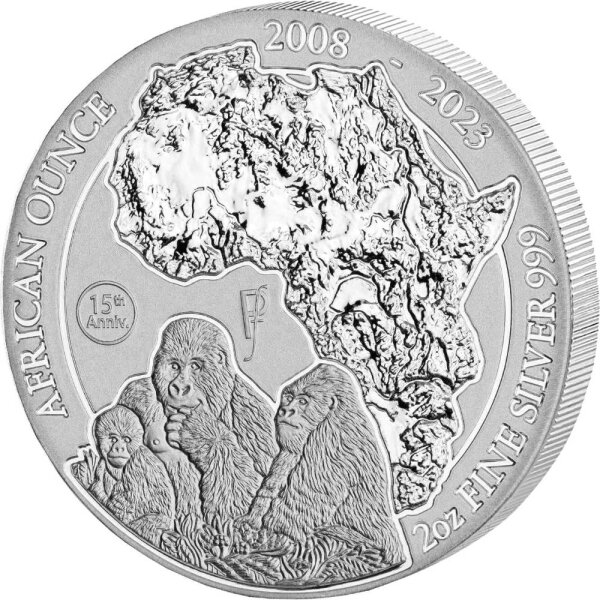 Ruanda African Ounce 2023 Berggorilla 2 oz Silber - 15. Jubiläum | Piedfort
