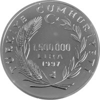 Türkei 1.500.000 Lira 1997 "Geschichte der Seefahrt" Barbaros - Silber PP