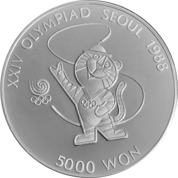 Südkorea 5.000 Won 1986 XXIV. Olympische Sommerspiele 1988 in Seoul "Offizielles Maskottchen Hodori" - Silber PP