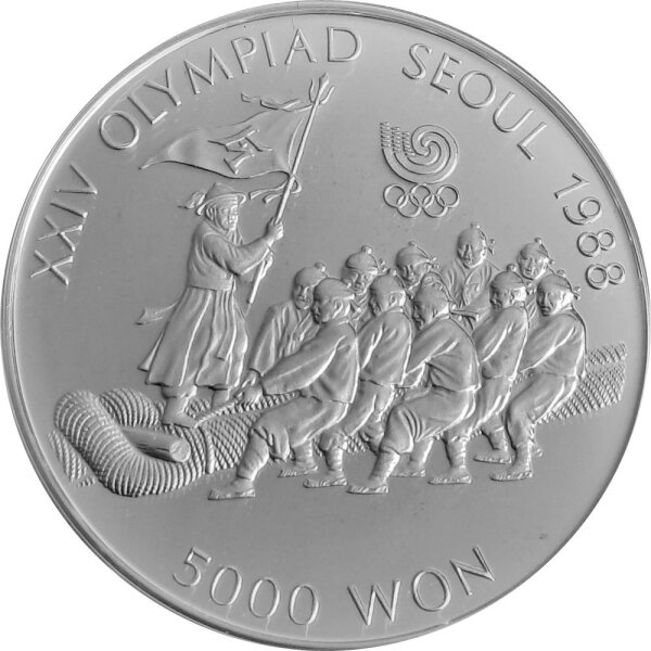 Südkorea 5.000 Won 1986 XXIV. Olympische Sommerspiele 1988 in Seoul "Tauziehen" - Silber PP