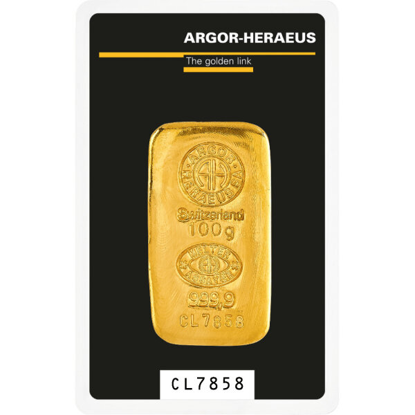 100 Gramm Goldbarren Argor-Heraeus gegossen | Neuware LBMA