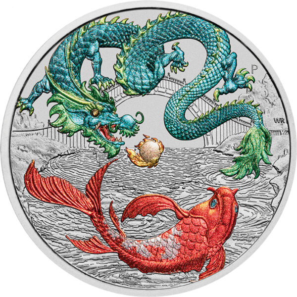 Australien Drachenserie 2023 Drache & Koi 1 oz Silber - Coloriert Mehrfarbig | Chinesische Mythen und Legenden
