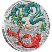 Australien Drachenserie 2023 Drache & Koi 1 oz Silber - Coloriert Mehrfarbig | Chinesische Mythen und Legenden