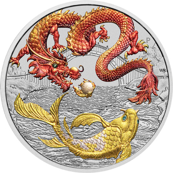 Australien Chinese Myths & Legends 2023 Drache & Koi 1 oz Silber - Coloriert Rot/Gold | Chinesische Mythen und Legenden