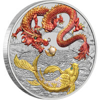 Australien Drachenserie 2023 Drache & Koi 1 oz Silber - Coloriert Rot/Gold | Chinesische Mythen und Legenden