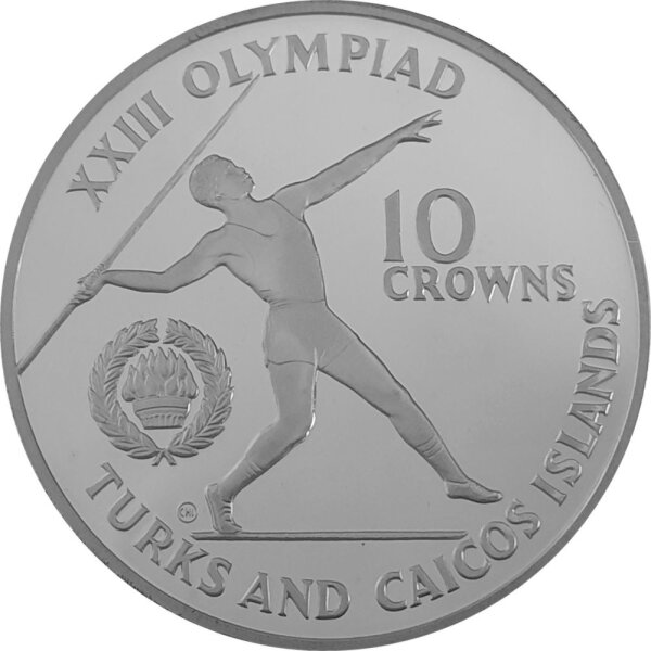 Turks & Caicos 10 Crowns 1984 - XXIII. Olympische Sommerspiele 1984 in Los Angeles - "Speerwurf" Silber PP