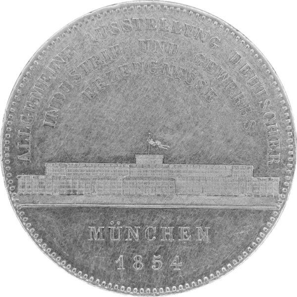 Bayern 2 Taler "Geschichtstaler - Allgemeine Ausstellung deutscher Industrie und Gewerbs-Erzeugnisse Glaspalast " 1854 - König Maximilian II. Joseph 1848-1864, KM#845