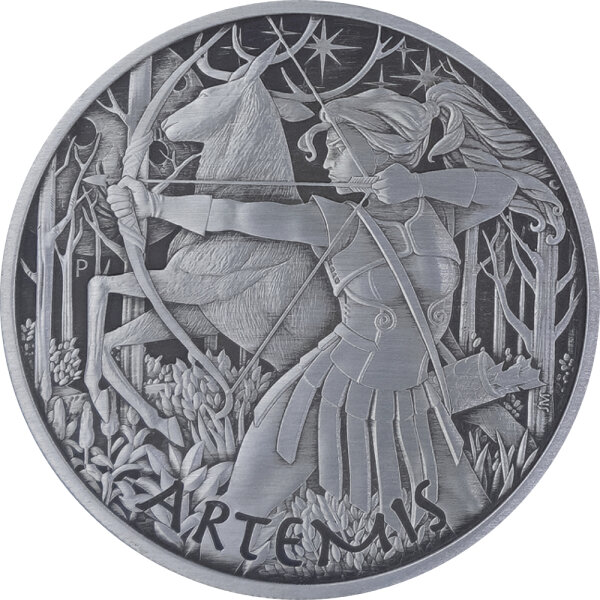 Tuvalu Olympische Götter 8. Ausgabe Artemis 2023 5 oz Silber Antik Finish