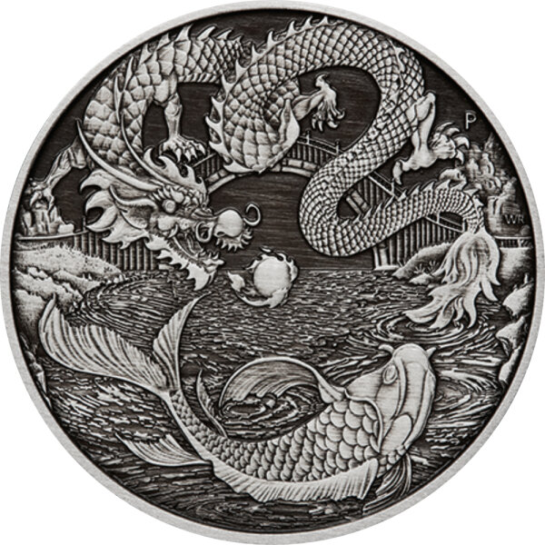 Australien Drachenserie 2023 Drache & Koi 1 oz Silber | Antik Finish