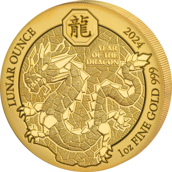 Ruanda Lunar 2024 Jahr des Drachen 1 oz Gold