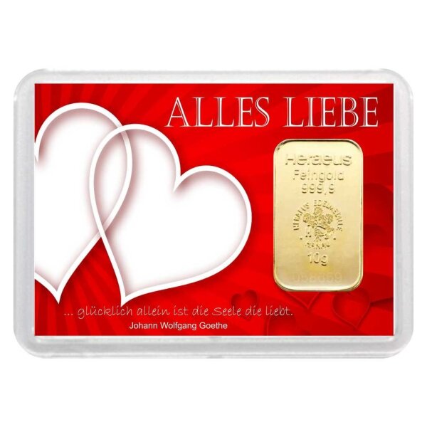 Geschenkbarren "Alles Liebe - Herzen" 10 Gramm Gold