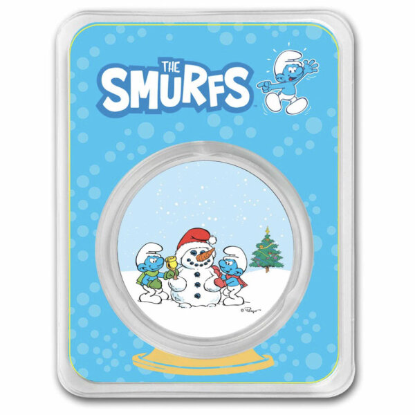 Niue Smurfs - Schlümpfe 2023 Weihnachten Schneemann 1 oz Silber I Coloriert