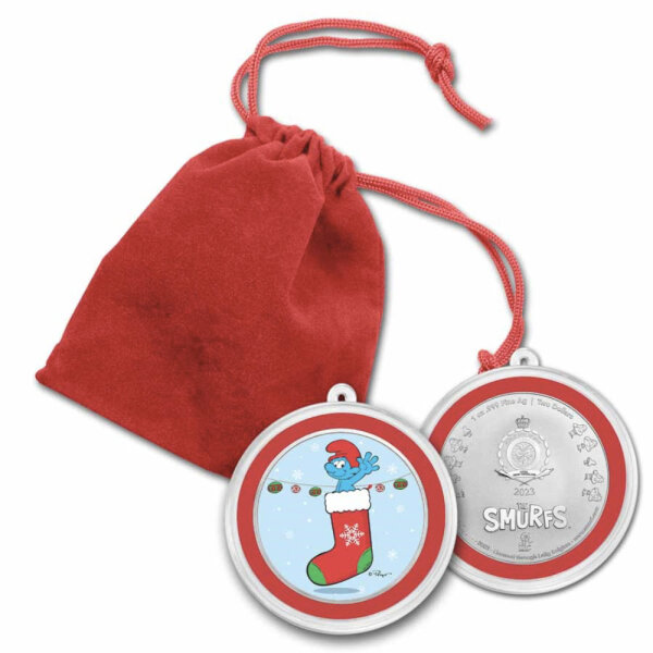 Niue Smurfs - Schlümpfe 2023 Weihnachten Weihnachtsstrumpf/Anhänger 1 oz Silber I Coloriert