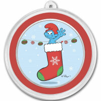 Niue Smurfs - Schlümpfe 2023 Weihnachten Weihnachtsstrumpf/Anhänger 1 oz Silber I Coloriert