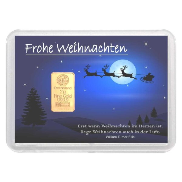 Geschenkbarren "Frohe Weihnachten - Schlitten" 2 Gramm Gold