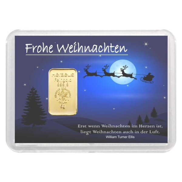 Geschenkbarren "Frohe Weihnachten - Schlitten" 5 Gramm Gold