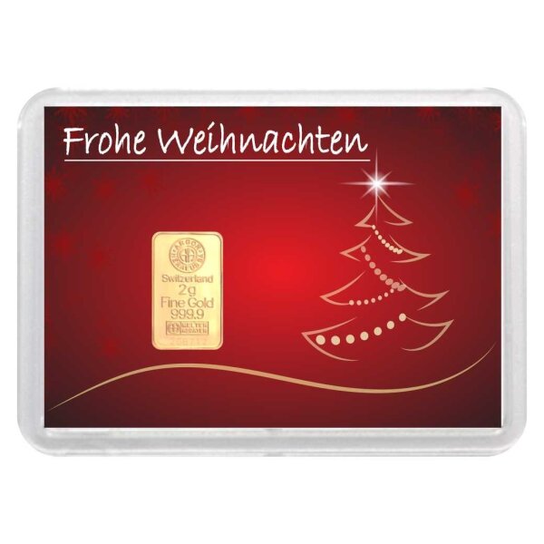 Geschenkbarren "Frohe Weihnachten - Baum" 2 Gramm Gold
