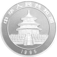 China Panda 1995 1 oz Silber schmale Jahresz. 3 Blätter - Original Folie