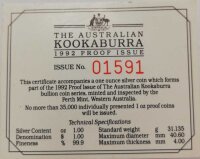 Australien Kookaburra 1992 1 oz Silber - Polierte Platte