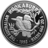 Australien Kookaburra 1993 1 oz Silber - Polierte Platte