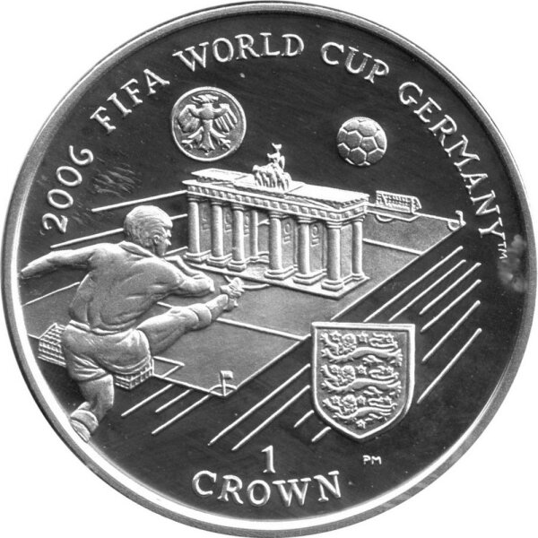Isle of Man 1 Crown 2006 - XVIII. Fußball WM 2006 in Deutschland "Fußballspieler vor Brandenburger Tor" - Silber PP