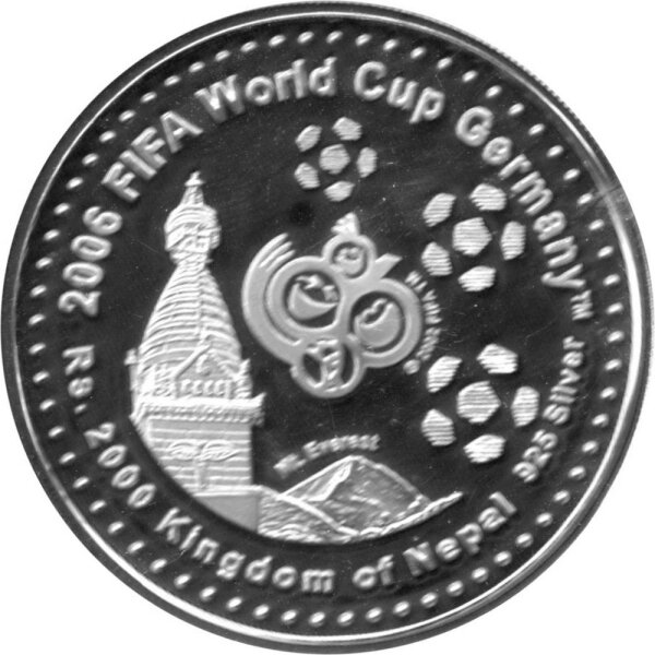 Nepal 2000 Rupees 2004 - XVIII. Fußball WM 2006 in Deutschland "FIFA-Emblem und Bodnath-Stupa"- Silber PP