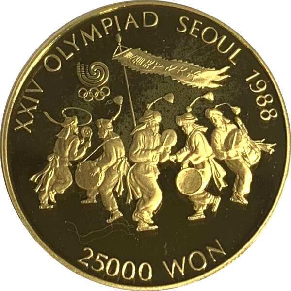 Südkorea 25.000 Won 1986 XXIV. Olympische Sommerspiele 1988 in Seoul "Volkstanz" Gold PP