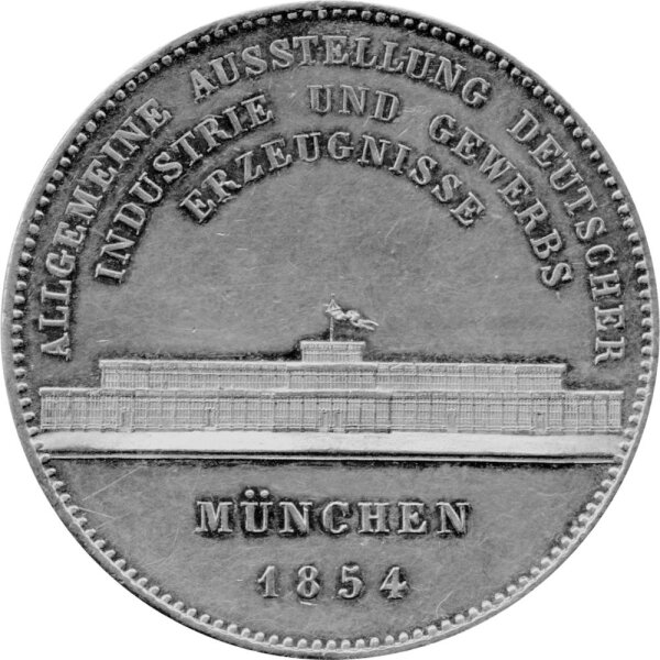 Bayern 2 Taler "Geschichtstaler - Allgemeine Ausstellung deutscher Industrie und Gewerbs-Erzeugnisse Glaspalast " 1854 - König Maximilian II. Joseph 1848-1864, KM#845