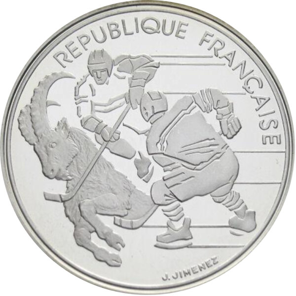 Frankreich 100 Francs 1990 - Oly. Albertville 1992 "Eishockey" - Silber PP