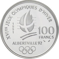 Frankreich 100 Francs 1990 - Oly. Albertville 1992 "Eishockey" - Silber PP