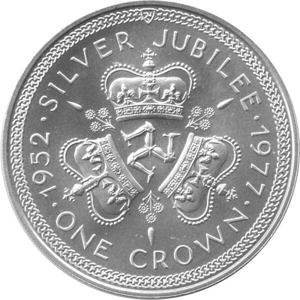 Isle of Man 1 Crown 1977 - 25. Jahrestag der Thronbesteigung von Königin Elisabeth II. "Wappen" - Silber