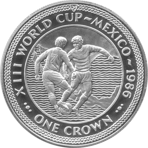 Isle of Man 1 Crown 1986 - XIII. Fußball WM 1986 in Mexiko "Zweikampf" - KuNi versilbert PP