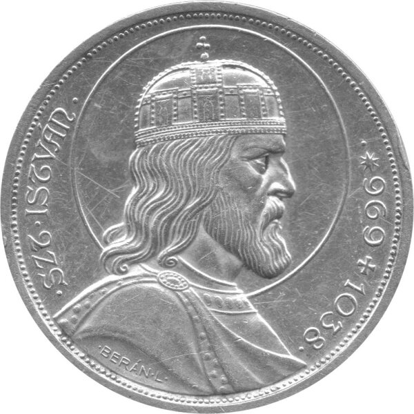 Ungarn 5 Pengö 1938 - 900. Todestag von Stephan I. der Heilige - Silber