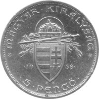 Ungarn 5 Pengö 1938 - 900. Todestag von Stephan I. der Heilige - Silber