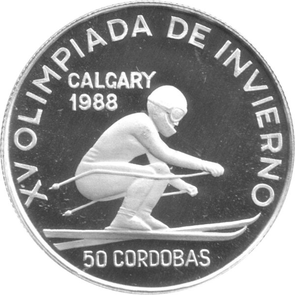 Nicaragua 50 Cordobas 1988 - XV. Olympische Winterspiele 1988 in Calgary "Abfahrtslauf" - Silber PP