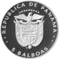 Panama 5 Balboas 1982 - XII. Fußball WM 1982 in Spanien "Fußball vor Globus" - Silber PP