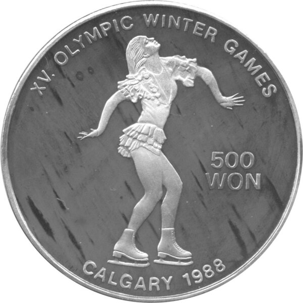 Nordkorea 500 Won 1989 - XV. Olympische Winterspiele 1988 in Calgary "Eiskunstlauf" - Silber PP