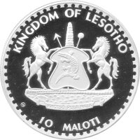 Lesotho 10 Maloti 1982 - XII. Fußball WM 1982 in Spanien "Fußballspieler vor Tornetz" - Silber PP