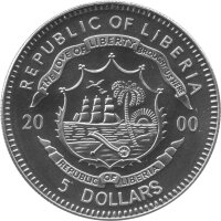 Liberia 5 Dollars 2000 - Erster Mensch auf dem Mond - Neusilber