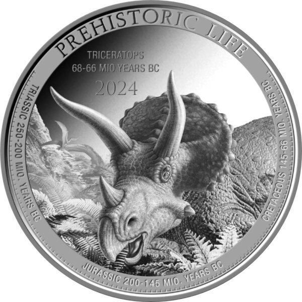Kongo Prehistoric Life II 1. Ausgabe 2024 Triceratops 1 oz Silber