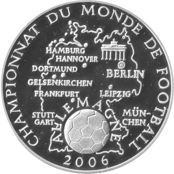 Kongo 10 Francs 2006 - XVIII. Fußball WM 2006 in Deutschland "Fußball vor Landkarte" - Silber PP