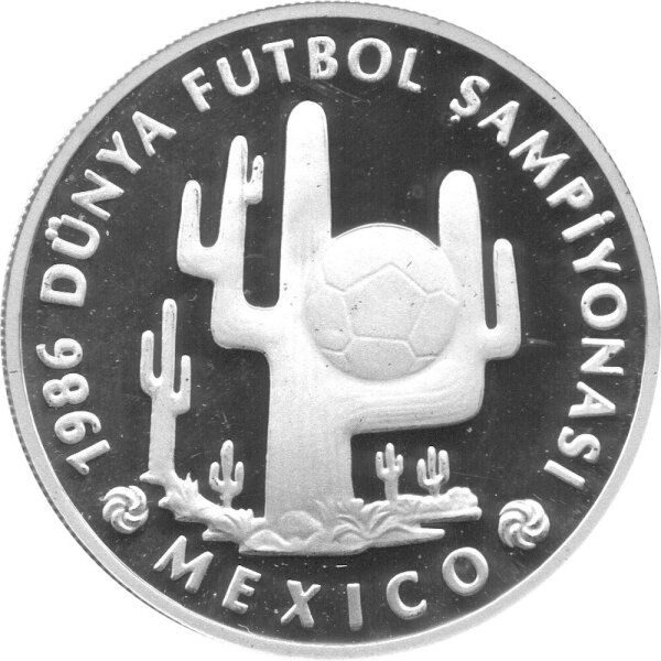 Türkei 10.000 Lira 1986 - XIII. Fußball WM 1986 in Mexiko "Fußball vor Kaktus" - Silber PP