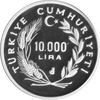 Türkei 10.000 Lira 1986 - XIII. Fußball WM 1986 in Mexiko "Fußballspieler vor Fußball" - Silber PP